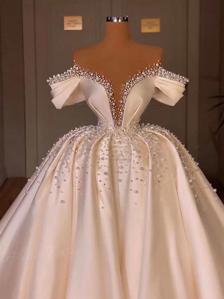 Dubai Luxury Pearls A-line Wedding Dress Detachable Long Sleeves Floor Length Princess Bridal Gown Vestido De Novia
