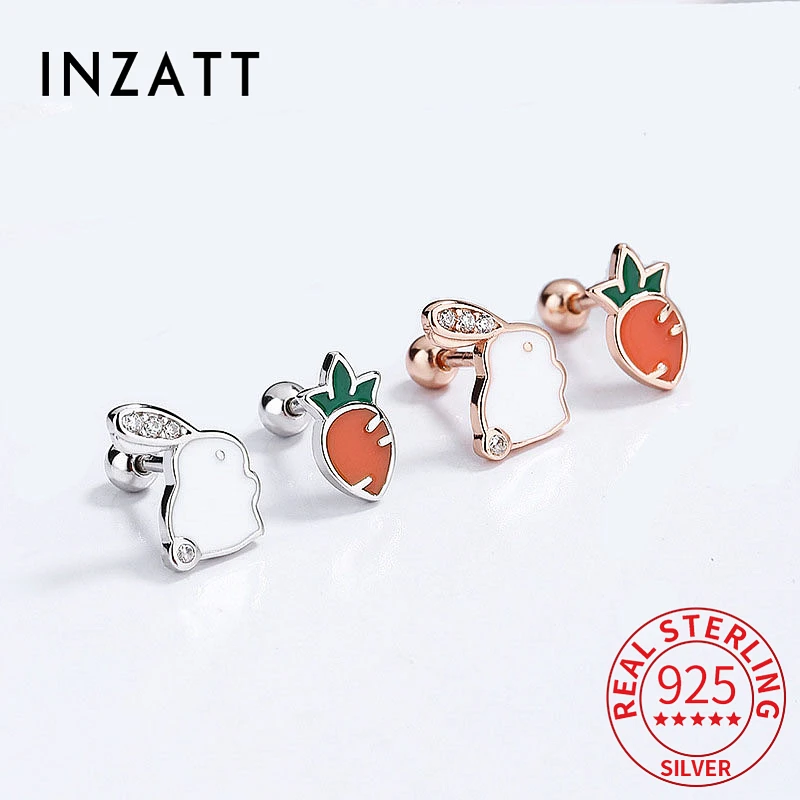 INZATT Real 925 Sterling Silver Carrot Rabbit Zircon Stud Earrings for Women Party Cute Fine Jewelry Asymmetry Accessories Gift