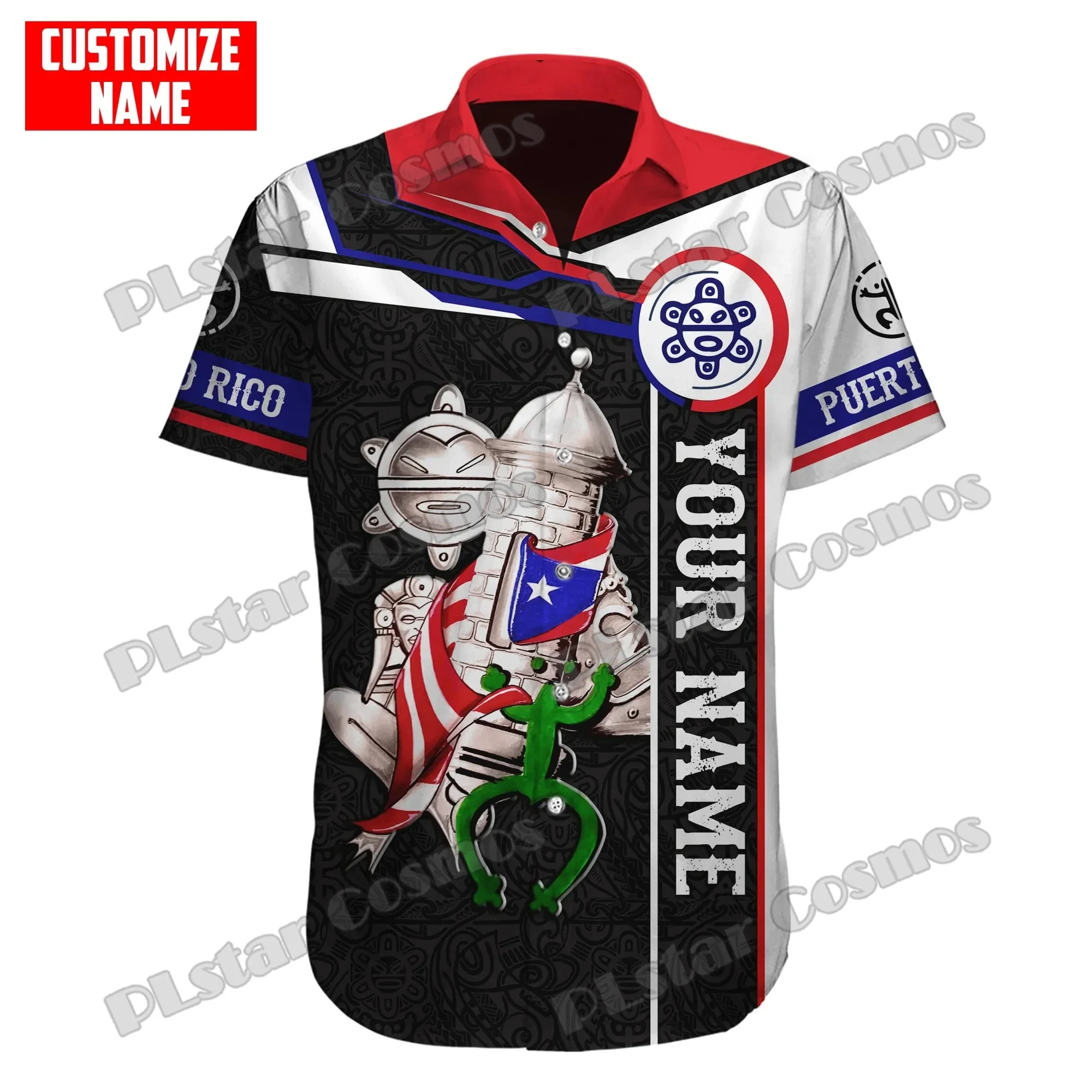 Custom Name Puerto Rico Coat Of Arms 3D All Over Printed Men's Hawaiian Shirt Summer Casual Beach Short Sleeve Button Shirt XW10