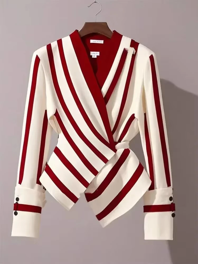 Jesienna luksusowa koszula z długim rękawem dla kobiet Unikalny szyk koreański Styl V-neck Wyszczuplające bluzki w paski dla kobiet Topy — zdjęcie 5