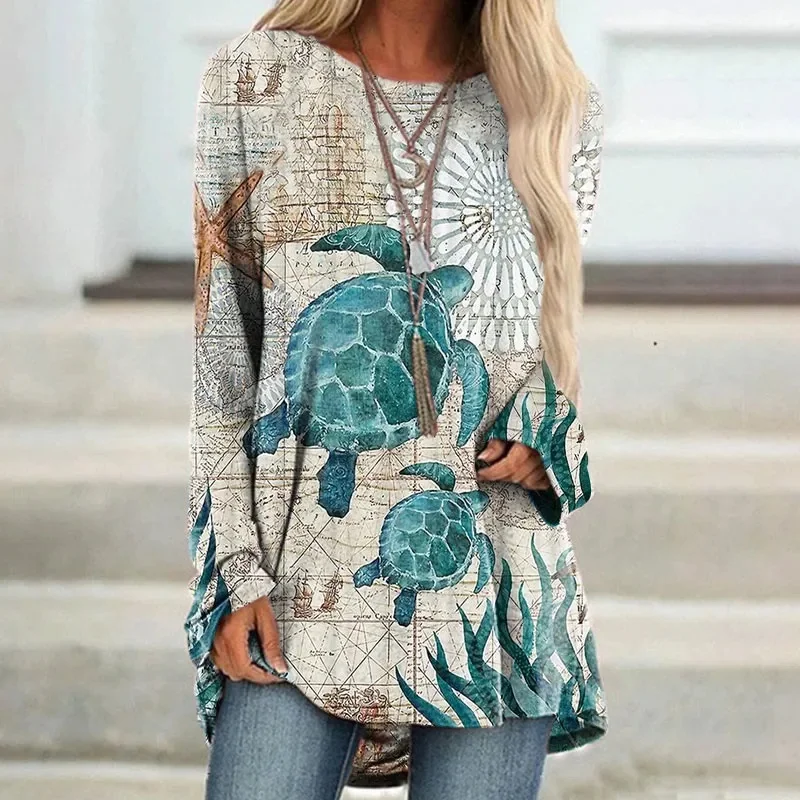 Women's Japanese Mount Fuji Ocean Cat Art Long Sleeved Tunic 3D All Over Printed Women's Round Neck Long Sleeved T-Shirt view 4