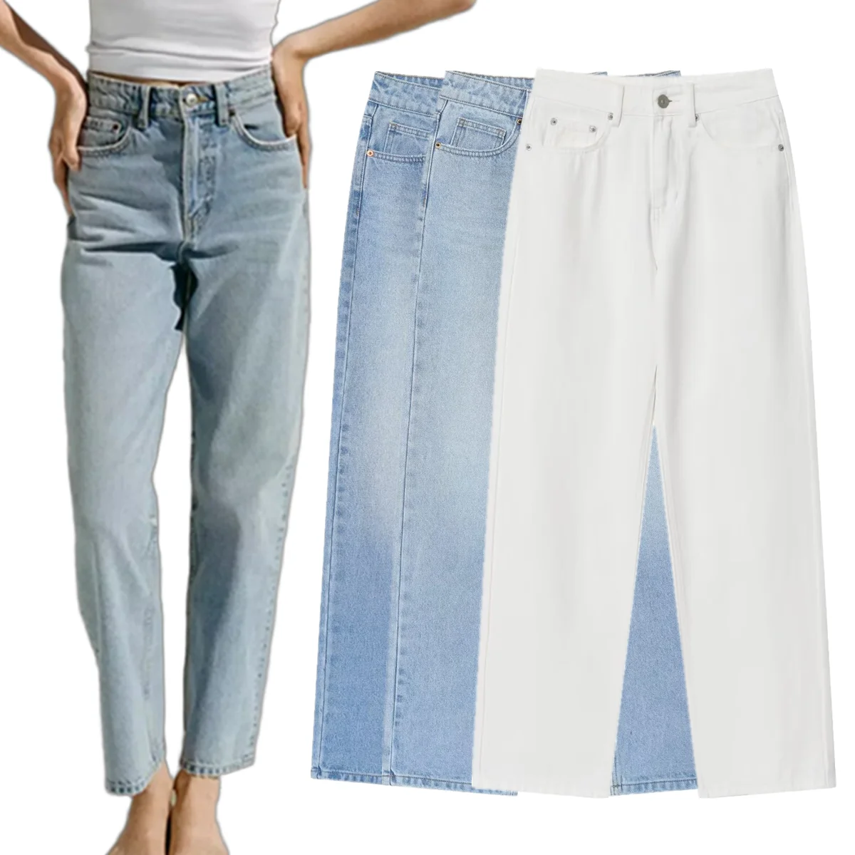 

Maxdutti Nordic Minimalist White Sky Blue Dark Blue Cotton Mom Jeans High Waist Solid Color Commuting Casual Straight Jeans Wome