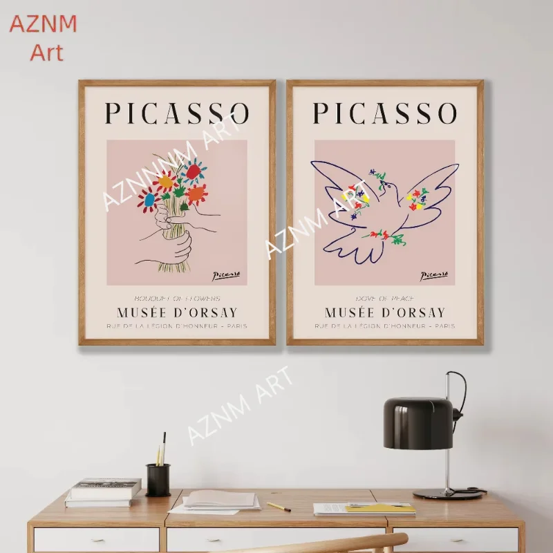 1/2 Stück Line Art Prints Taube des Friedens und Blumenstrauß Set Wandkunst Raumdekoration Leinwand Poster Zuhause Schlafzimmer Wohnzimmer Dekoration