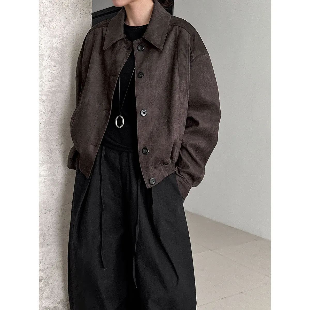 سترة نسائية قصيرة من جلد الغزال بتصميم جديد للخريف والشتاء مع معطف صغير منفوش #2