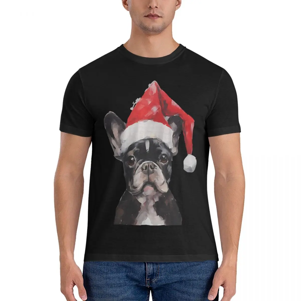 French Bulldog Christmas Art T Shirt for Men Pure Cotton Leisure T-Shirts Round Collar Bulldog Tee Shirt Short Sleeve Tops