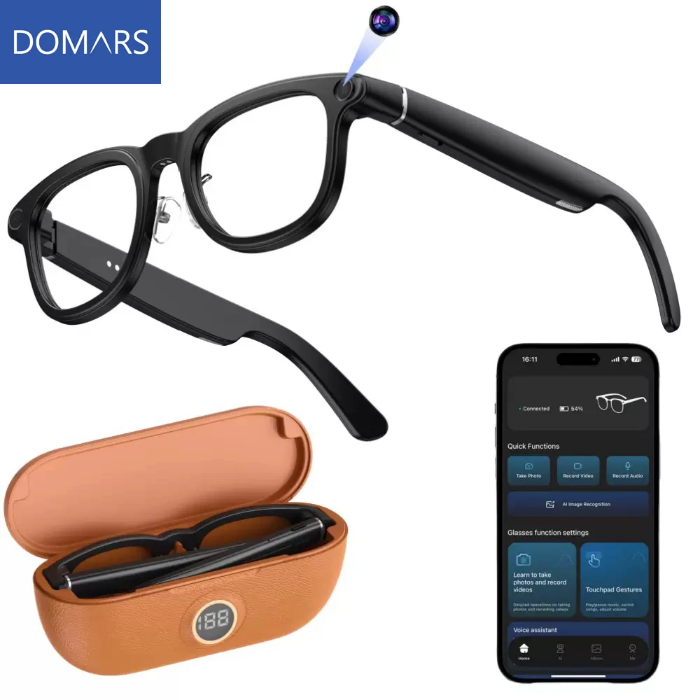 Domars Smart AI Glasses 8MP Camera Real-time AI Translation 1200P Video Recording Music Playback with 3600mAh Charging Case