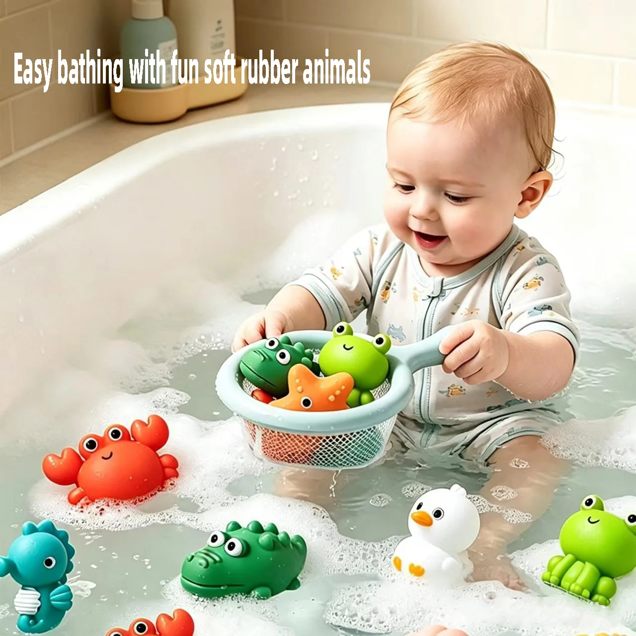 Brinquedo de Banho de Pesca com Rede de Sapo, Tartaruga Flutuante, Brinquedo de Apertar com Som para Bebês, Brinquedo Aquático de Verão para Piscina, Presente