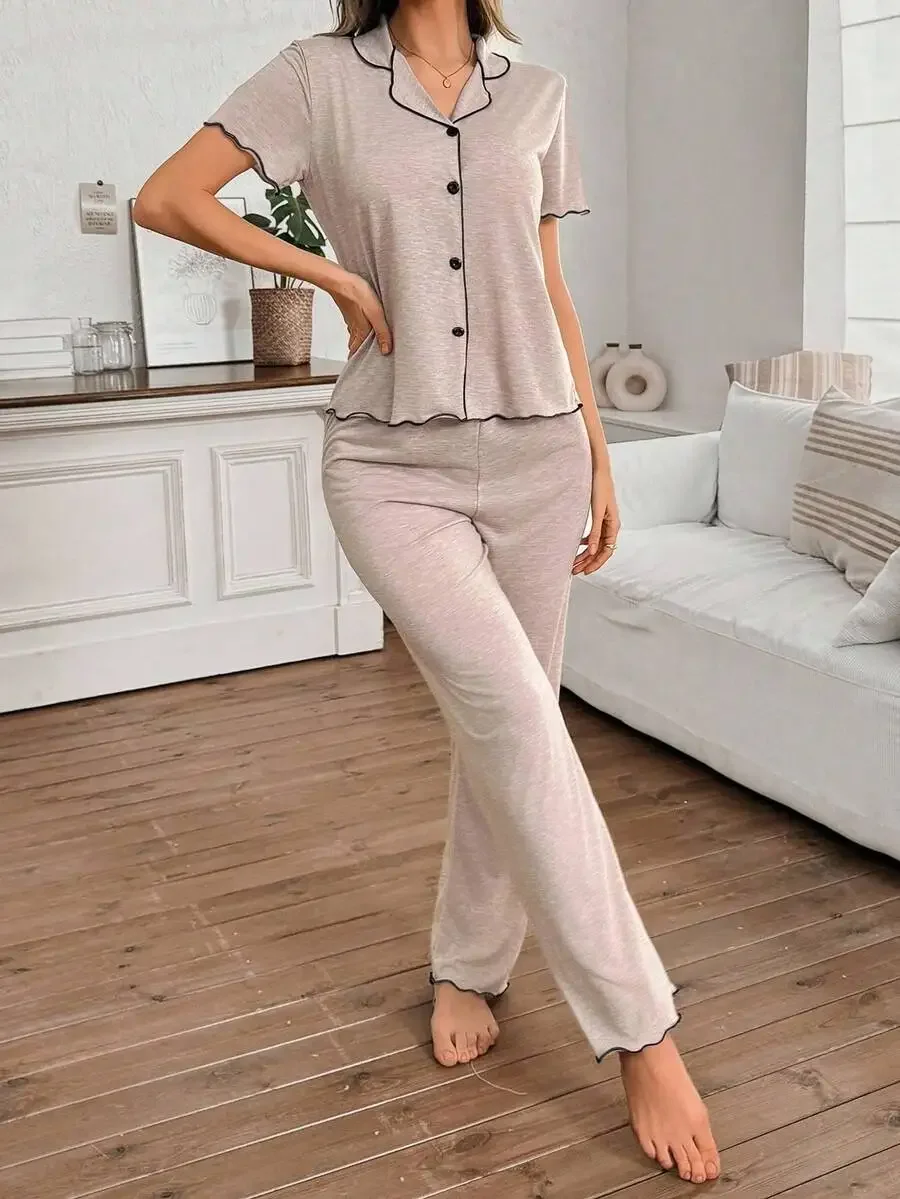 

Womens Short Sleeve Pajama Set With Collar And Button Front, Black Trimmed Soft Loungewear