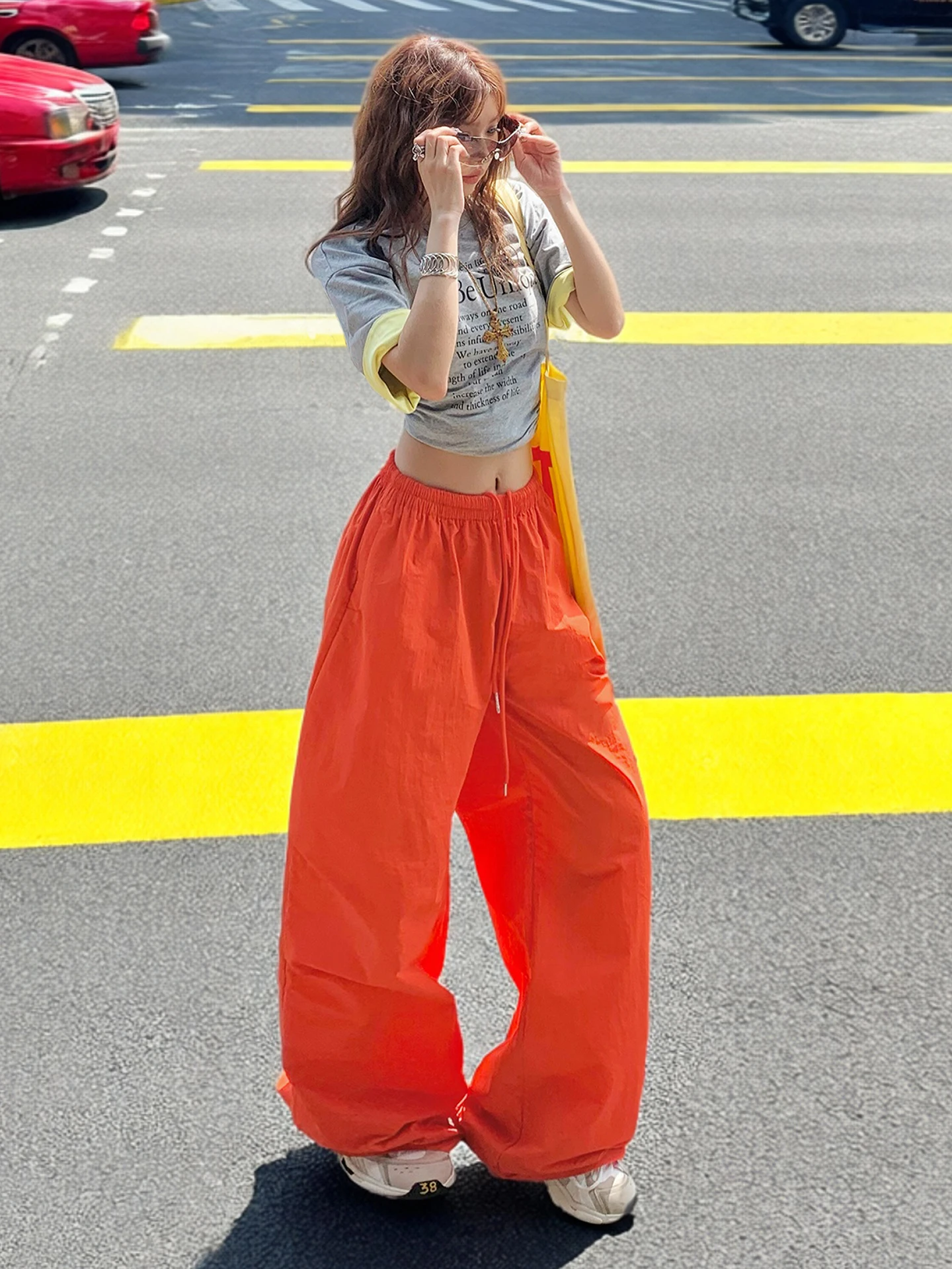 

Оранжево-красные широкие брюки-карго для женщин, свободные, прямого кроя, тонкие, быстросохнущие, спортивные, весна-лето, новый стиль, повседневные, нейлоновые