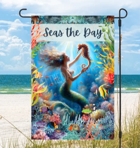 Mermaid and Seahorse Beach House Flag 12x18 Yard Flag