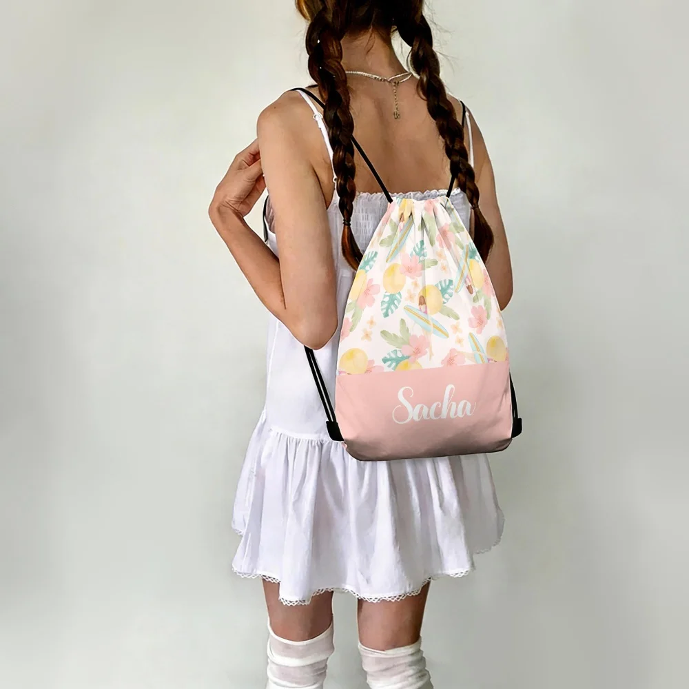 Custom Name Summer Beach Fruit Floral Drawstring Backpack, Personalized Kids Gym Sack Bag Foldable for Outdoor Birthday Gift