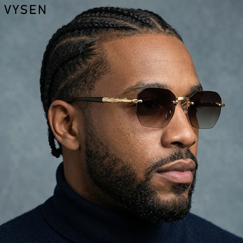 Vintage Octagon Rimless Sunglasses Men 2026 Luxury Brand Designer Gold Metal Carved Geometric Sun Glasses Punk Eyewear Shades