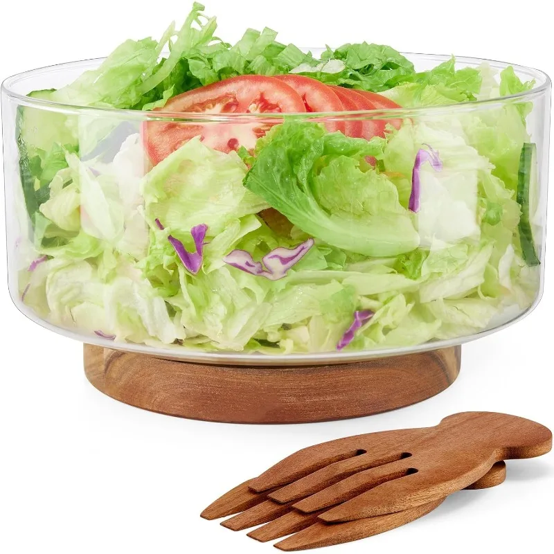 

Large Salad Bowl Set, Glass Salad Bowl with Acacia Wood Base and Salad Hands, Serving Bowls for Fruits,