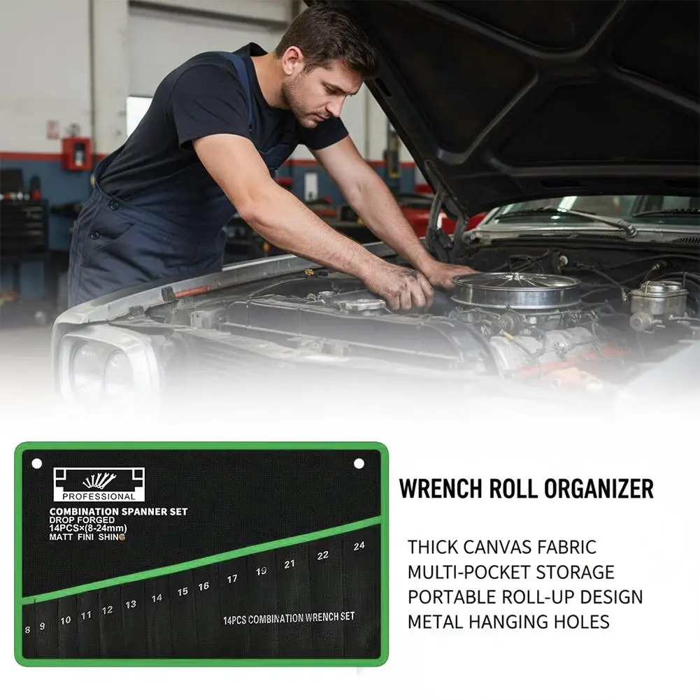 14-Fach Rollbare Werkzeugtasche Tragbare Werkzeugorganizer-Tasche Langlebige Canvas Handwerkzeug-Aufbewahrungstasche für die Garage – Detail 4