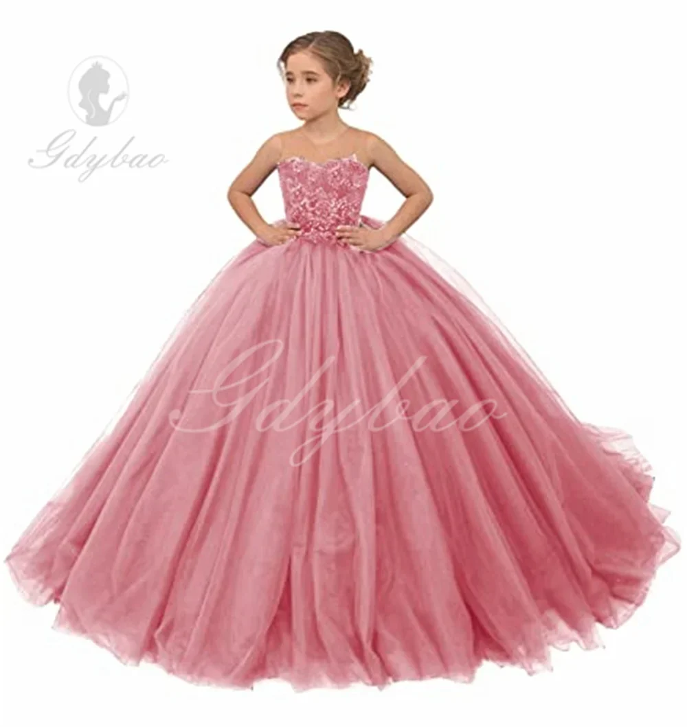 A + lindo vestido de tule para meninas, vestido de princesa frisado para casamento, vestido de baile sem mangas para crianças