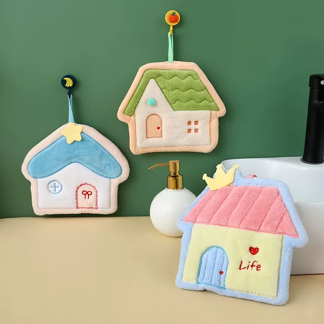 Cartoon House-Shaped Coral Fleece Hand Towel, Thick & Super Absorbent, Soft Decorative Towel for Kitchen Bathroom Home Decoratio