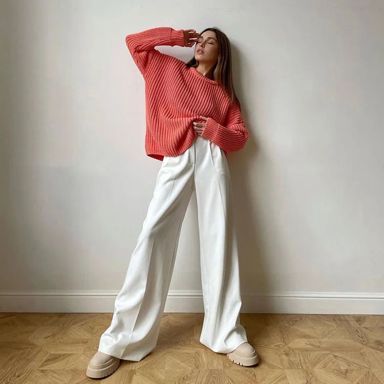 Blue Office Women'S Pants 2025 Fashion Loose Full Length Ladies Trousers Casual High Waist Wide Pants For Women