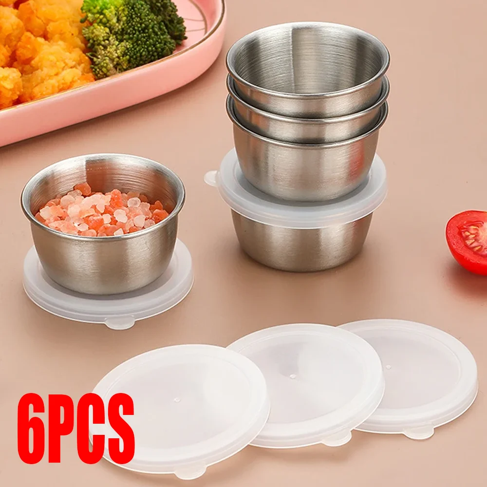 Recipiente para aderezo de ensalada, platos para salsa, taza pequeña portátil de acero inoxidable con tapas a prueba de fugas, tazas para inmersión, 40ML, 1/6 Uds.
