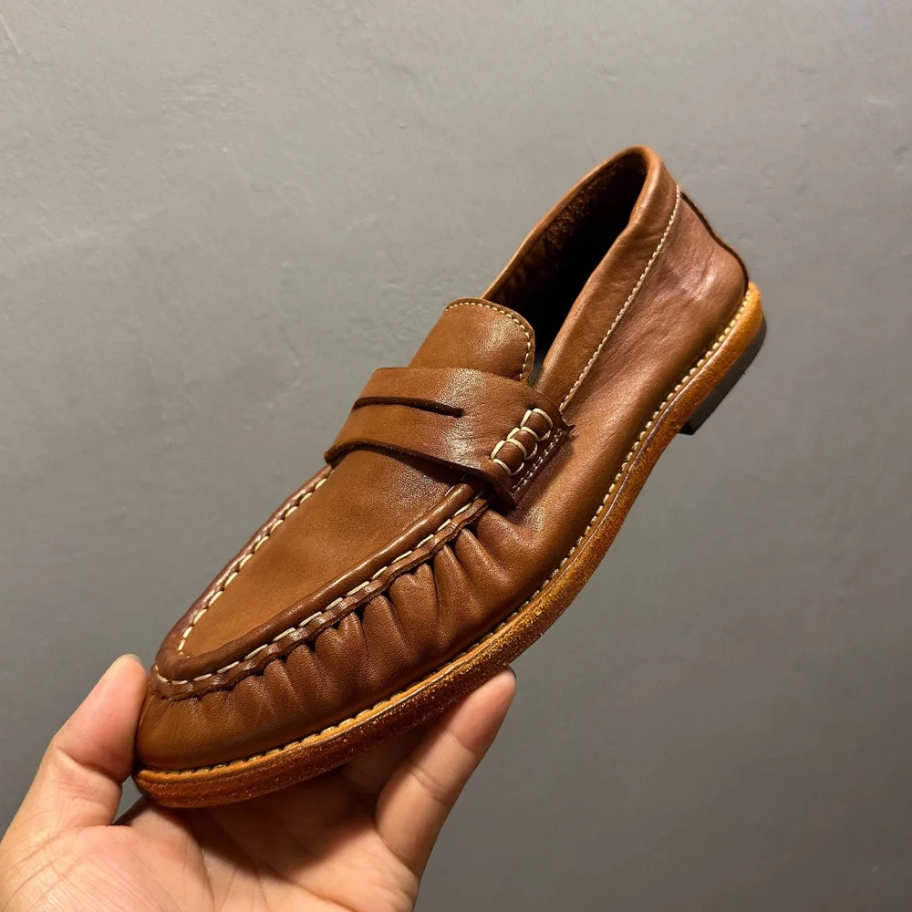 

Driving Shoes with Wrinkles for Men, Genuine Leather, Vintage Lightweight Loafers, High-end Horsehide, Casual Wear