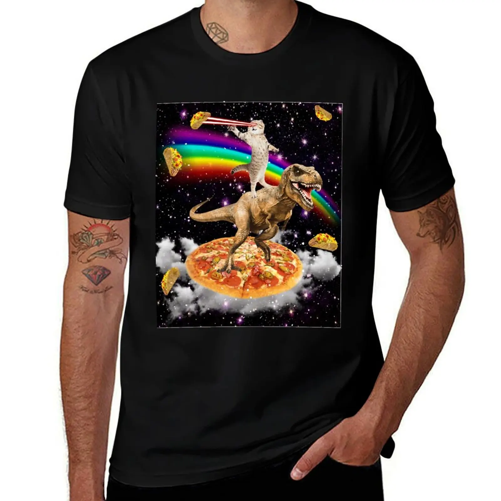 

Galaxy man on tshirt on Laser & Pizza with Rainbow designer Eye man tshirt Classic Tacos anime T-Shirt shirt Cat t Dinosaur