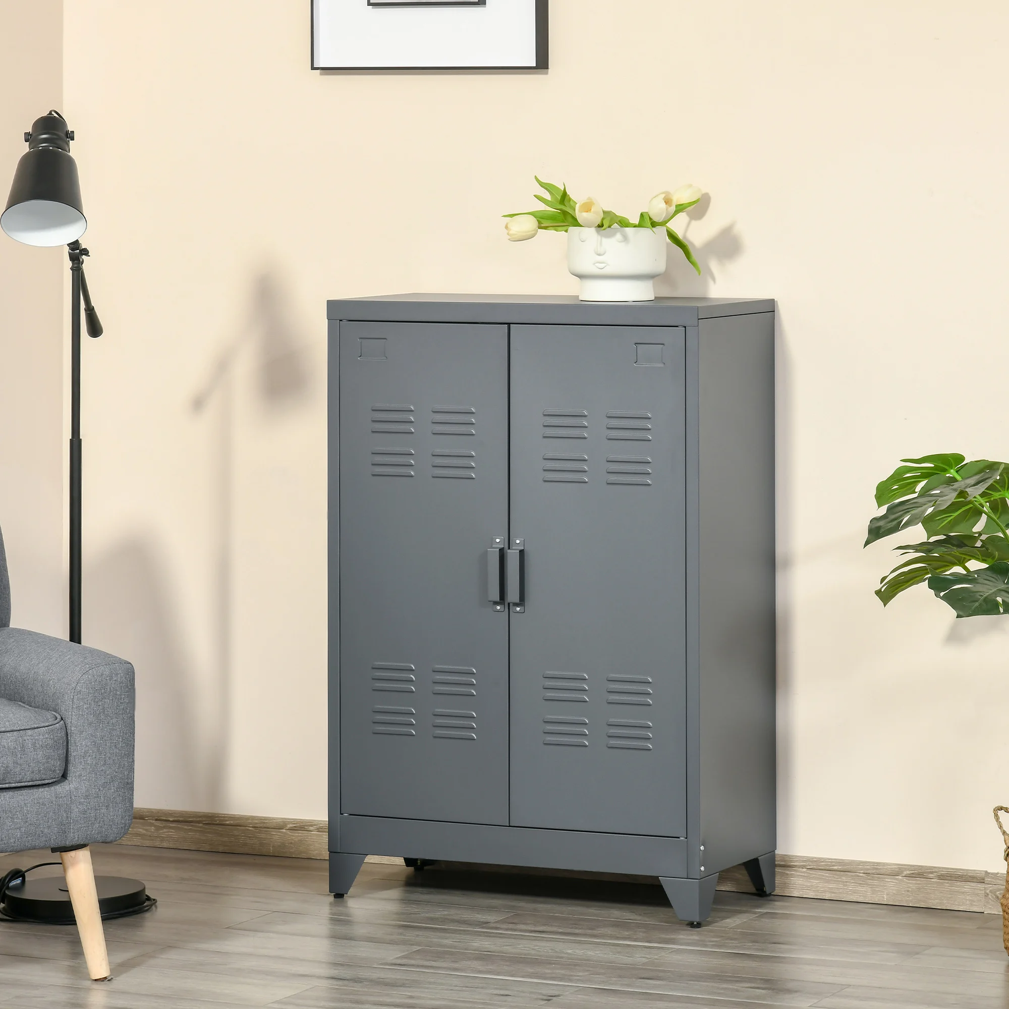 HOMCOM metal cabinet with double door and 2 adjustable shelves 75x33x110 cm Gray