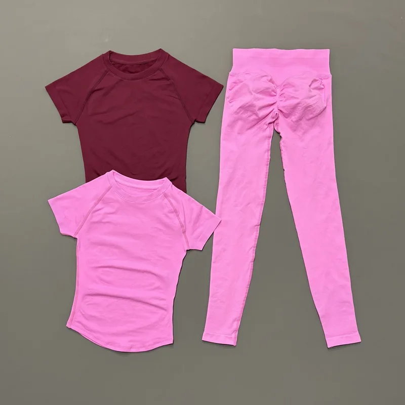 2 Piece Yoga Set Women Sports T‑Shirt Slim Fit Short Sleeve Workout Top Quick Dry Scrunch Butt Leggings Gym Running Fitness Wear
