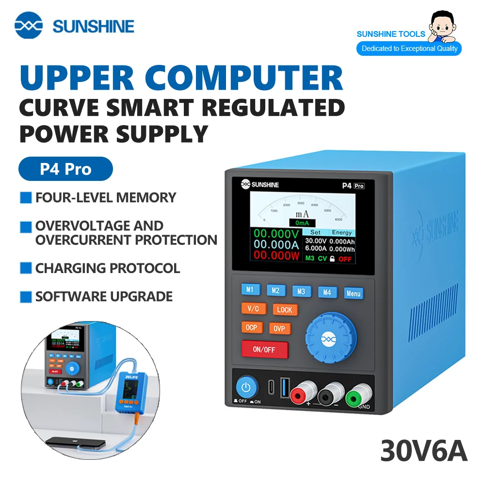 SUNSHINE P4 Pro Smart Regulated DC Power Supply 30V 6A for Mobile Tablet Device Repair Charging Fast Charging Detection Tool