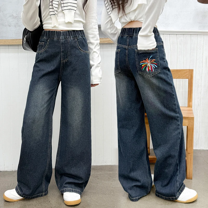 

New Kids Designer Straight Cut Jeans for Teenage Girls Casual Blue Denim Pants Toddler Children Loose Trousers Sweatpants 4-14 Y