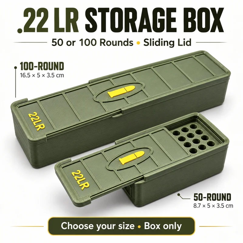 .22 LR Ammo Storage Box 50/100 Round Sliding Lid Organizer Case With Individual Slots For Hunting Range Gear