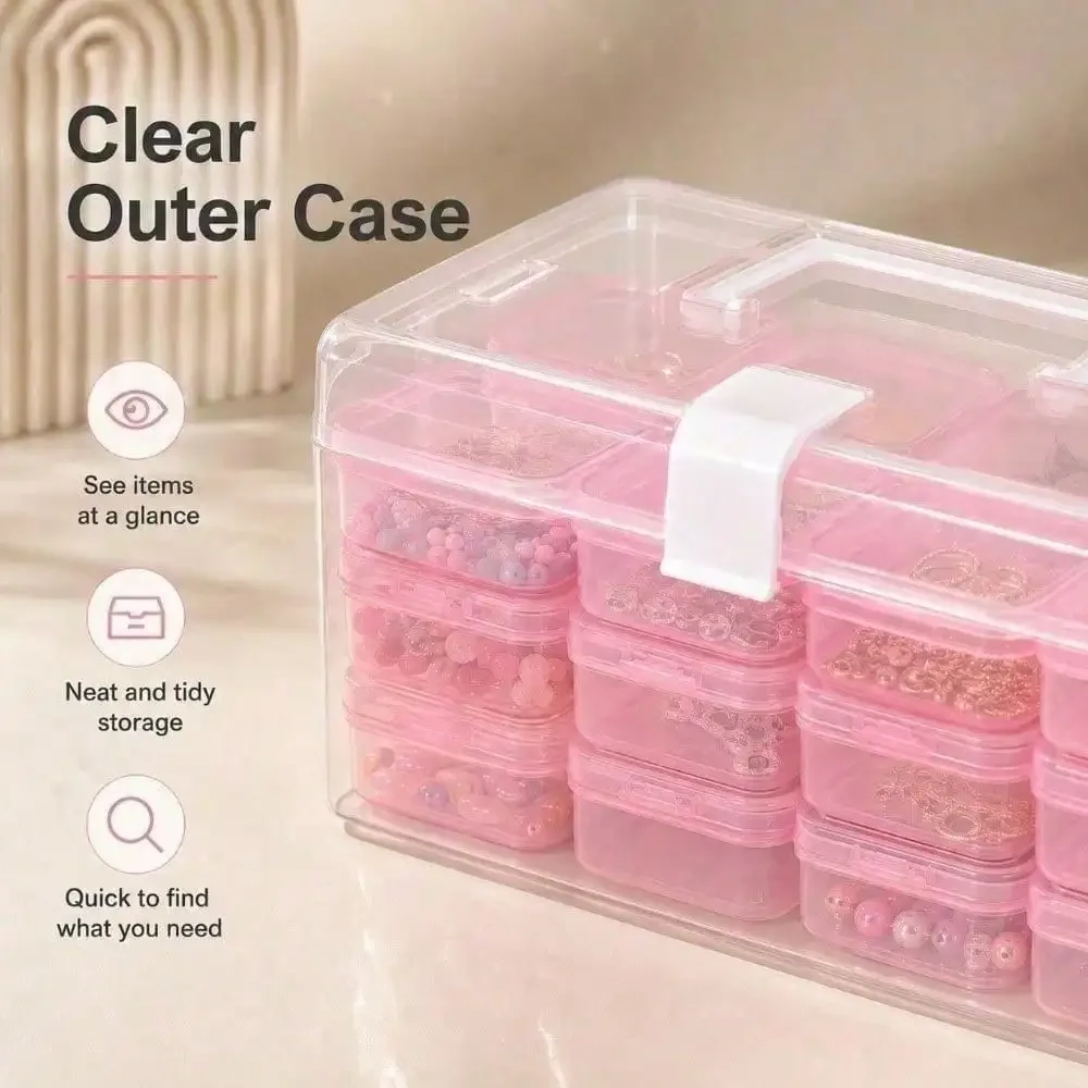 32Pcs Clear Pink Plastic Storage Box Set 2 Colors Optional, Large Box for Beads Jewelry Crafts Small Items, Stackable Storage Bins, Gift for Friends Craft Enthusiasts, Jewelry Box Women Travel Back to School Dorm Essential