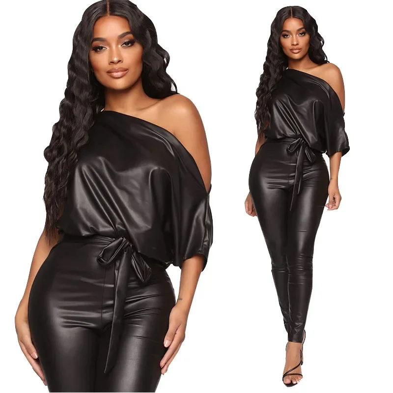 Tie Waist Faux Leather Sexy Jumpsuit Women Winter Autumn Turn Down Collar PU Jumpsuits Party Clubwear streetwear black mall goth