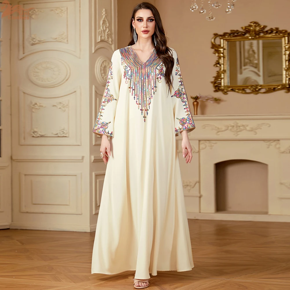 

Elegant Muslim Middle East Women's Long Dress New Summer Abaya Dubai Kuwait Fashion Sequins Rope Embroidery Female Robe