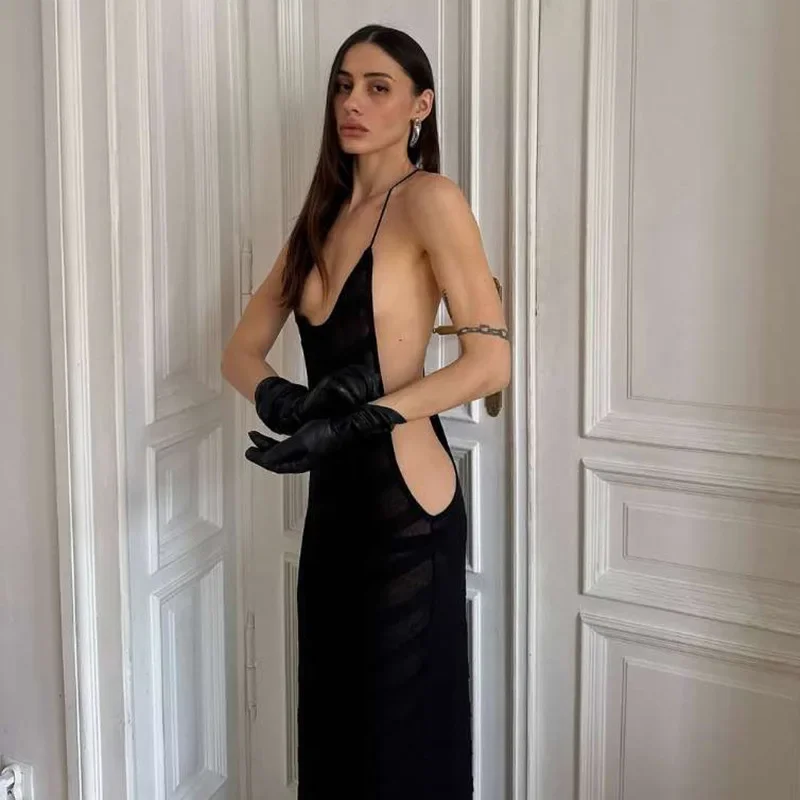 2025 malla transparente Sexy Halter Party Club Maxi vestido dividido trajes mujeres verano sin mangas espalda descubierta ceñido al cuerpo vestidos largos