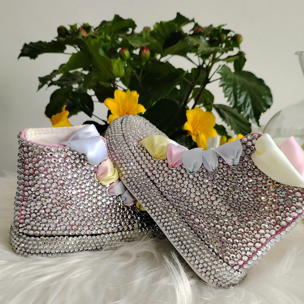 Handmade Rhinestones Bling Girls Womens Kids And Mother Candy Canvas Shoes Pearls Sneakers For Girl Birthday Party Wedding