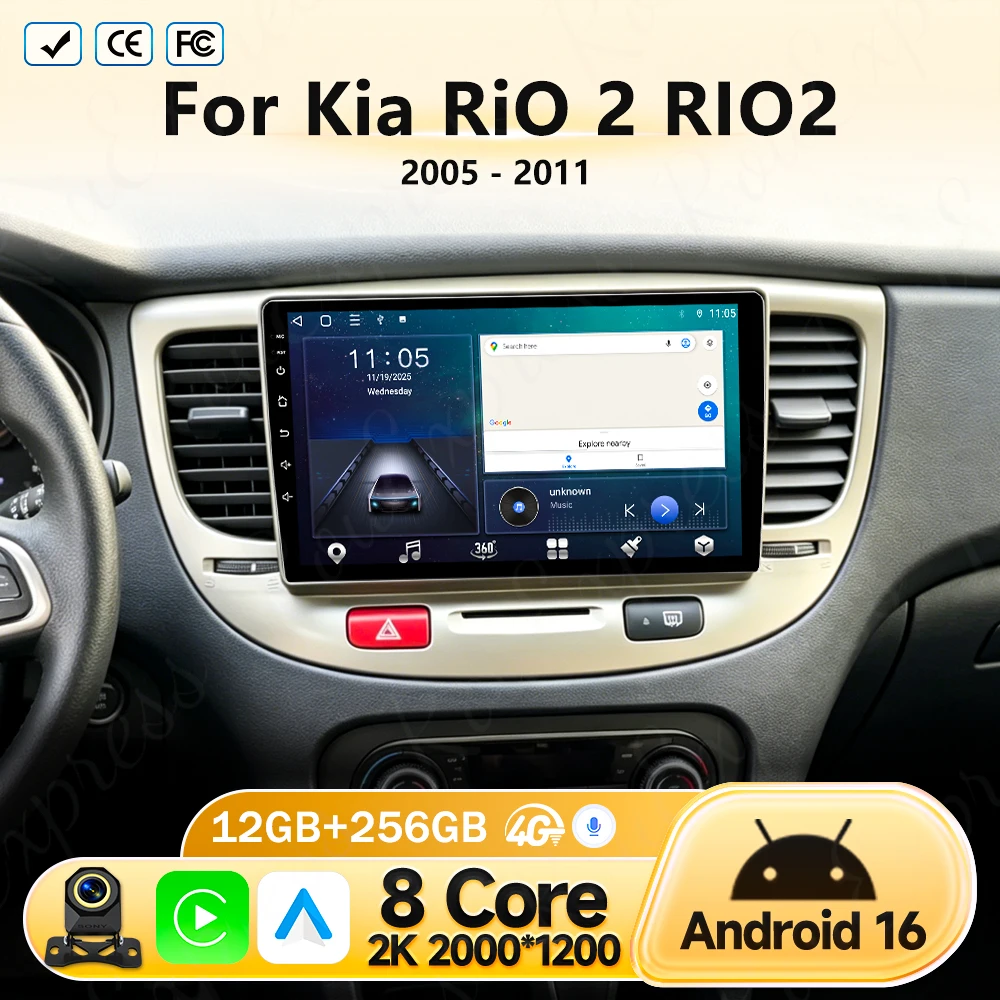 Radio para Auto Kia Rio 2 RIO2 2005 - 2011, Reproductor Multimedia Inalámbrico con CarPlay y Android Auto, Pantalla Táctil, Navegación GPS, Sin DVD 2din