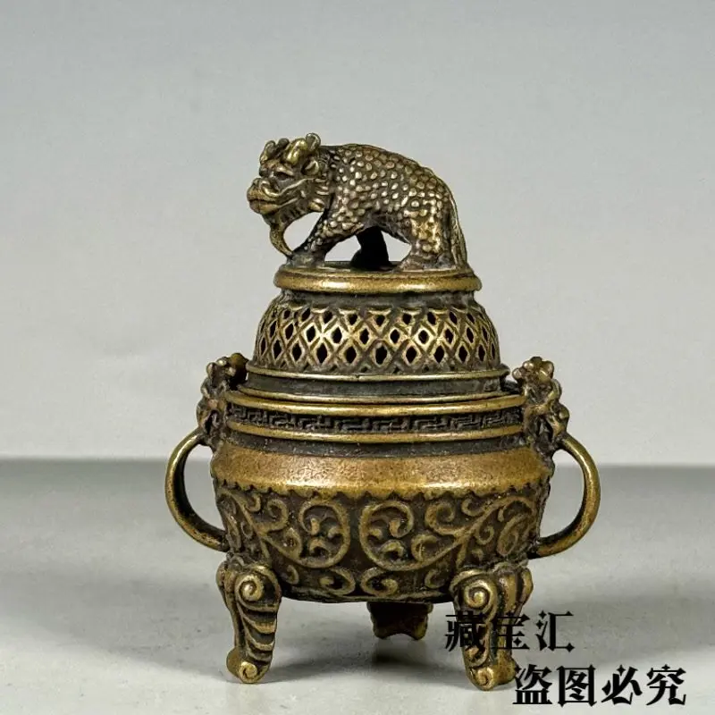 Antique Old Collection Pure Brass Suanni Incense Burner Dragon Nine Sons Double Ears Three Legged censer Tabletop Ornament