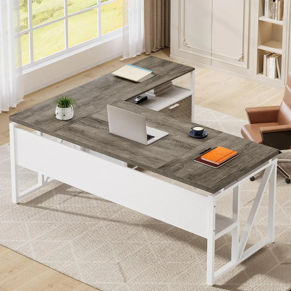 

L-Shaped Desk with Drawers,63"Executive Office Desk with Mobile File Cabinet and Storage Shelves.Home Office Business.Customized