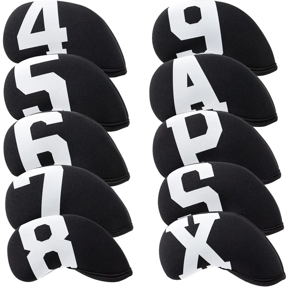 10Pcs/set Big Number Neoprene Golf Iron Covers Set - Club Head Covers- Wedge Iron Protective Headcover(Black-Large White)