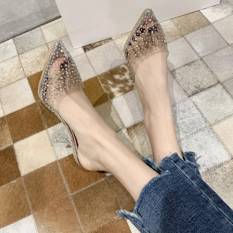 New Arrival Fashion Women Shoes Summer New Transparent Rhinestone Stiletto Sandals Crystal Shoes Women\'s High Heels Large Size