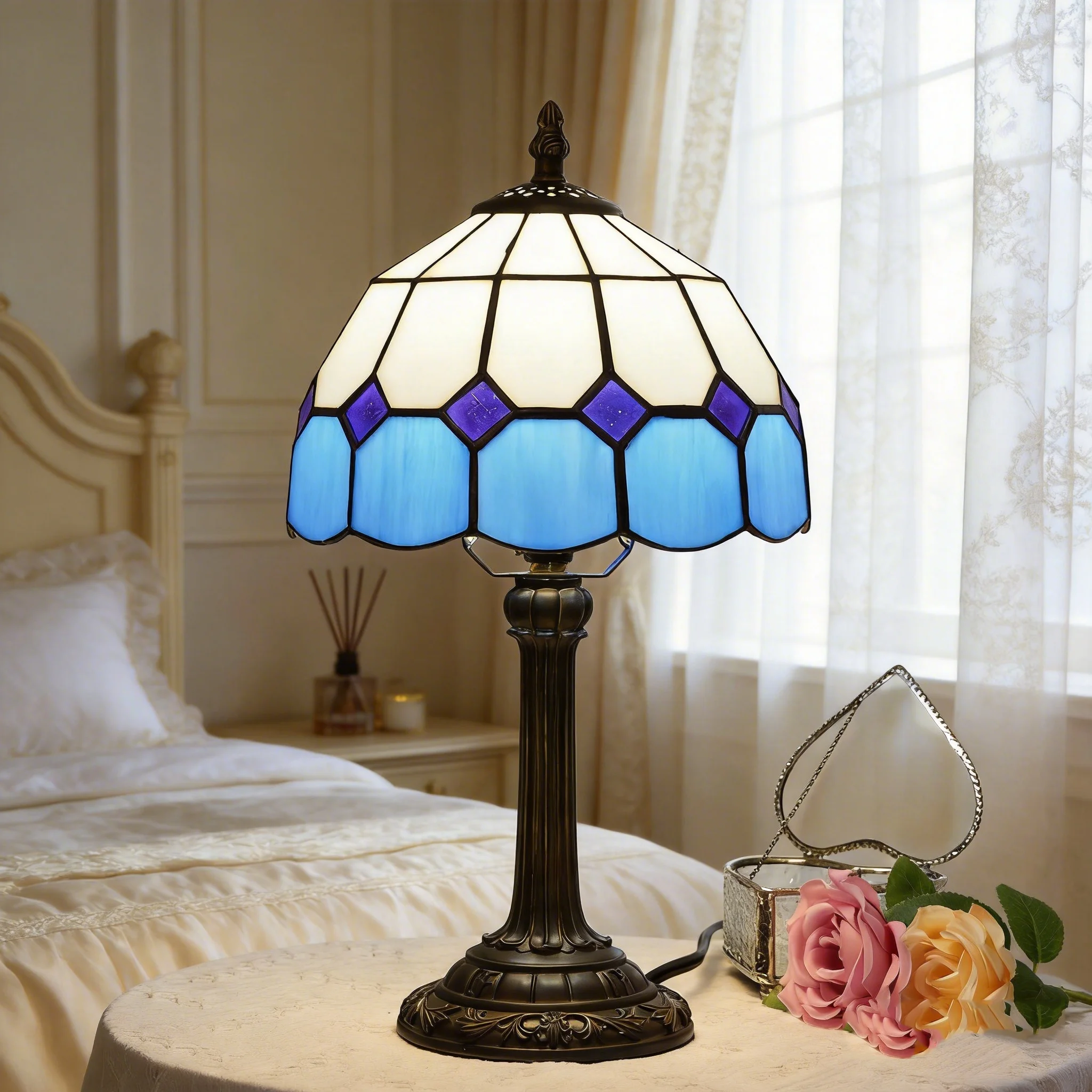 Blue Mediterranean Style Table Lamp Handmade Stained Glass Vintage Bedside Lamp, Art Desk Light for Bedroom Office Living Room