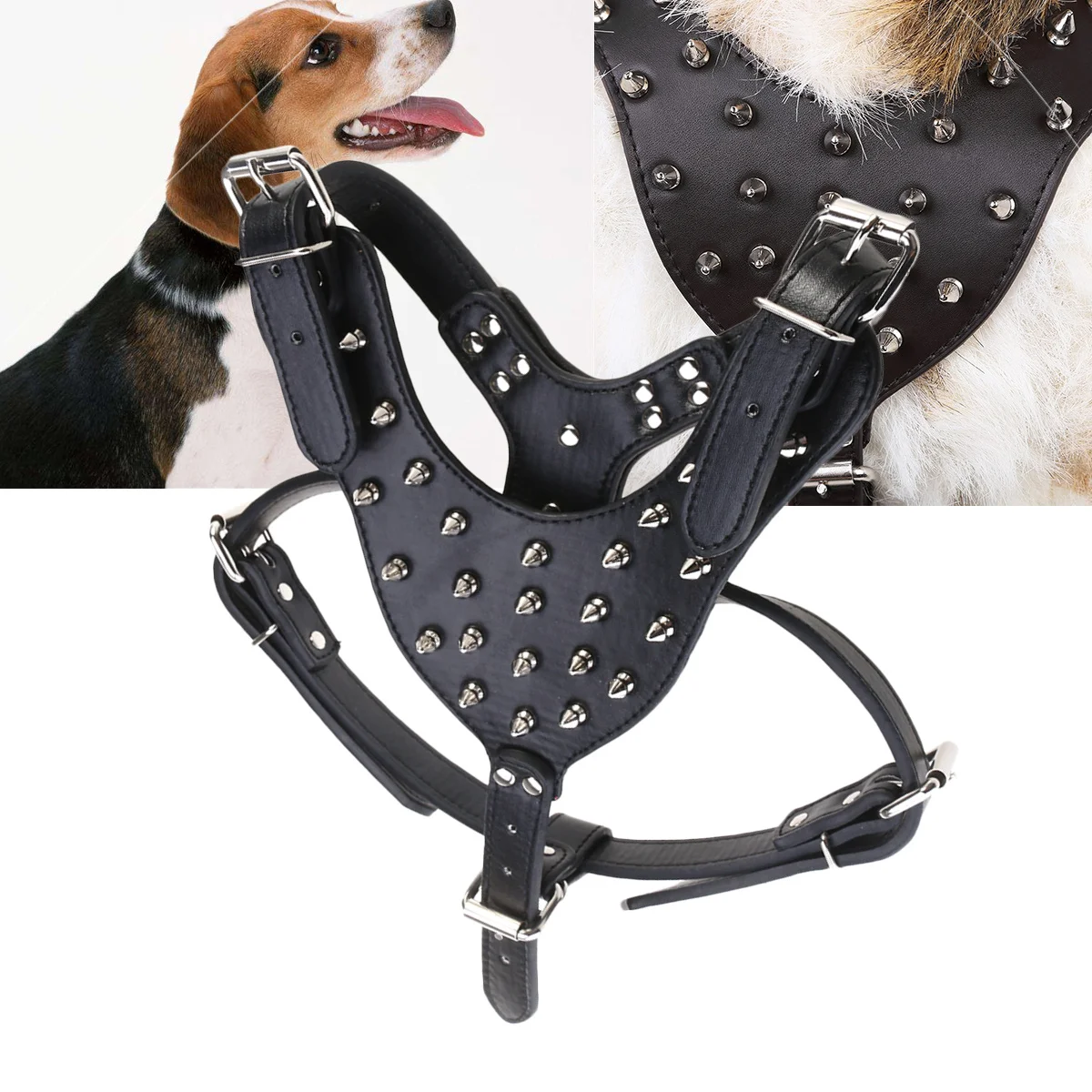 

Pu Dog Harness For Medium Large Dogs Adjustable Spike Studded Pet Vest For Terrier Black