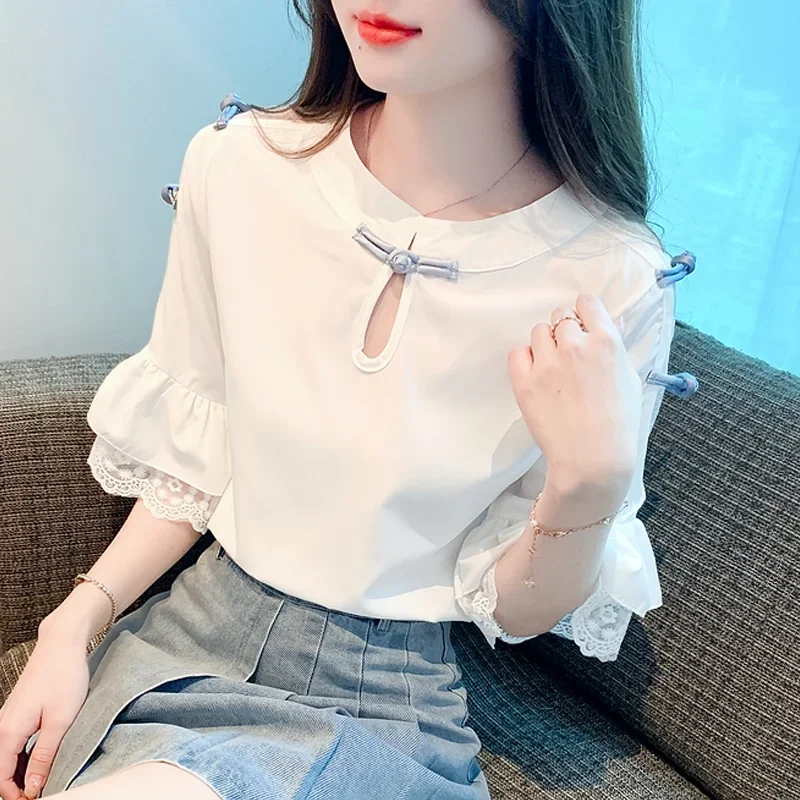 Chinoiserie Blouse Hollow Out Loose Tops Sweet Short Sleeve Chiffon Shirt with Lace Summer Traditional Chinese Clothing 27488