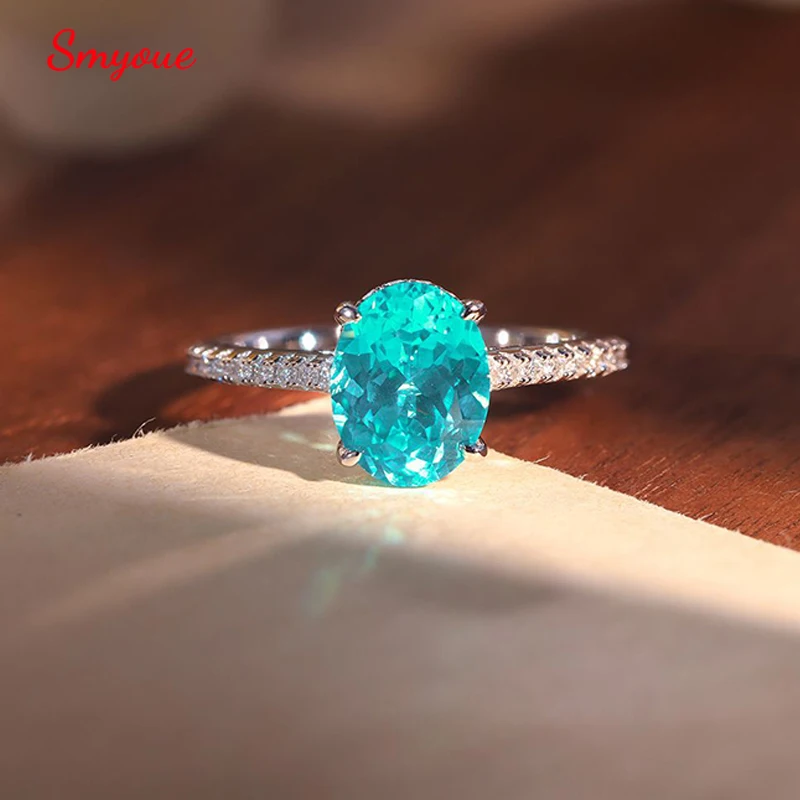 

Smyoue 2CT 7*9mm Lab Grown Paraiba Ring for Women Wedding Moissanite Band Colorful Gems 100% Real 925 Silver Plated 18K Jewelry
