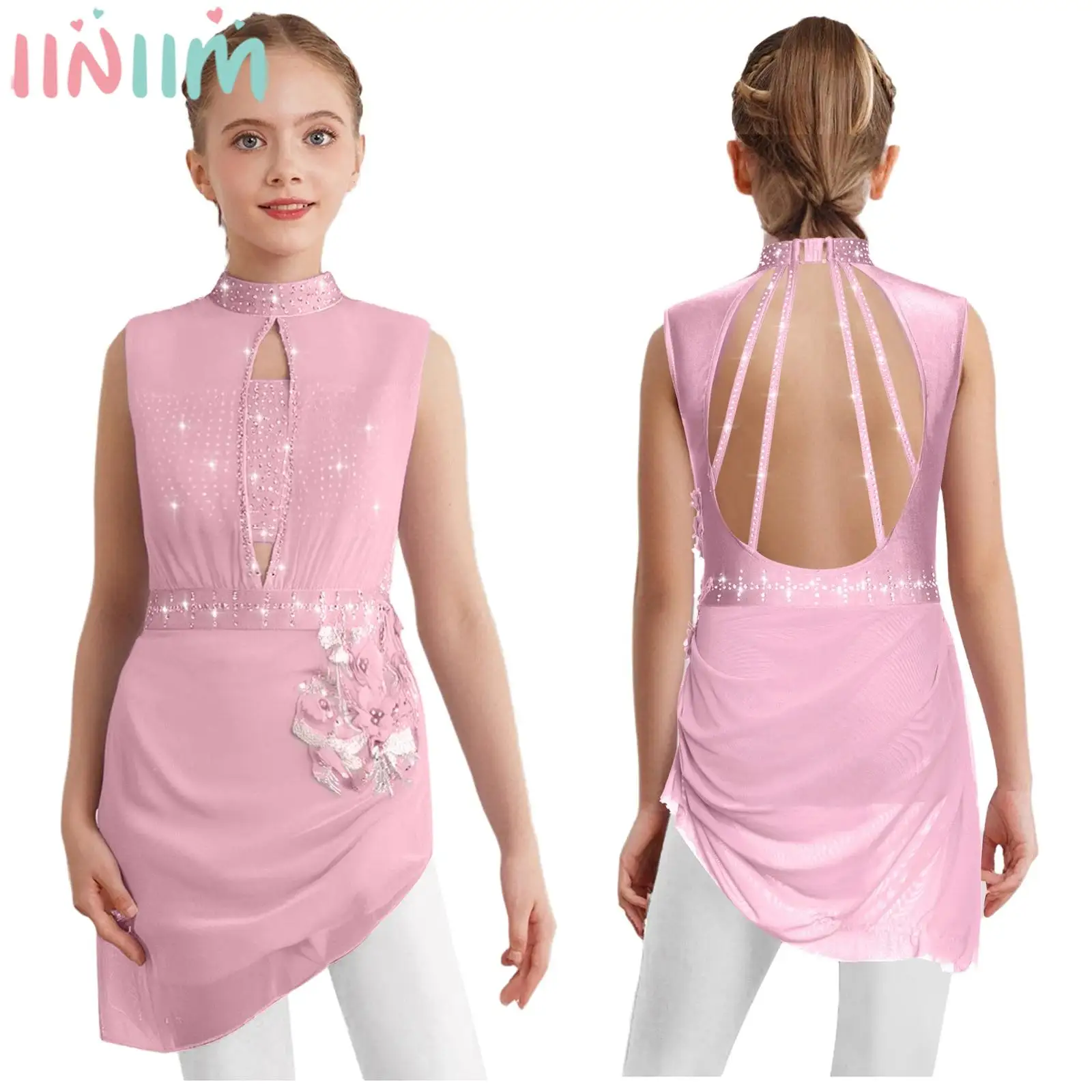 Children Girls Figure Skating Gymnastics Ballet Lyrical Dance Leotard Dress Sheer Mesh Overlay Rhinestones Applique Dancewear