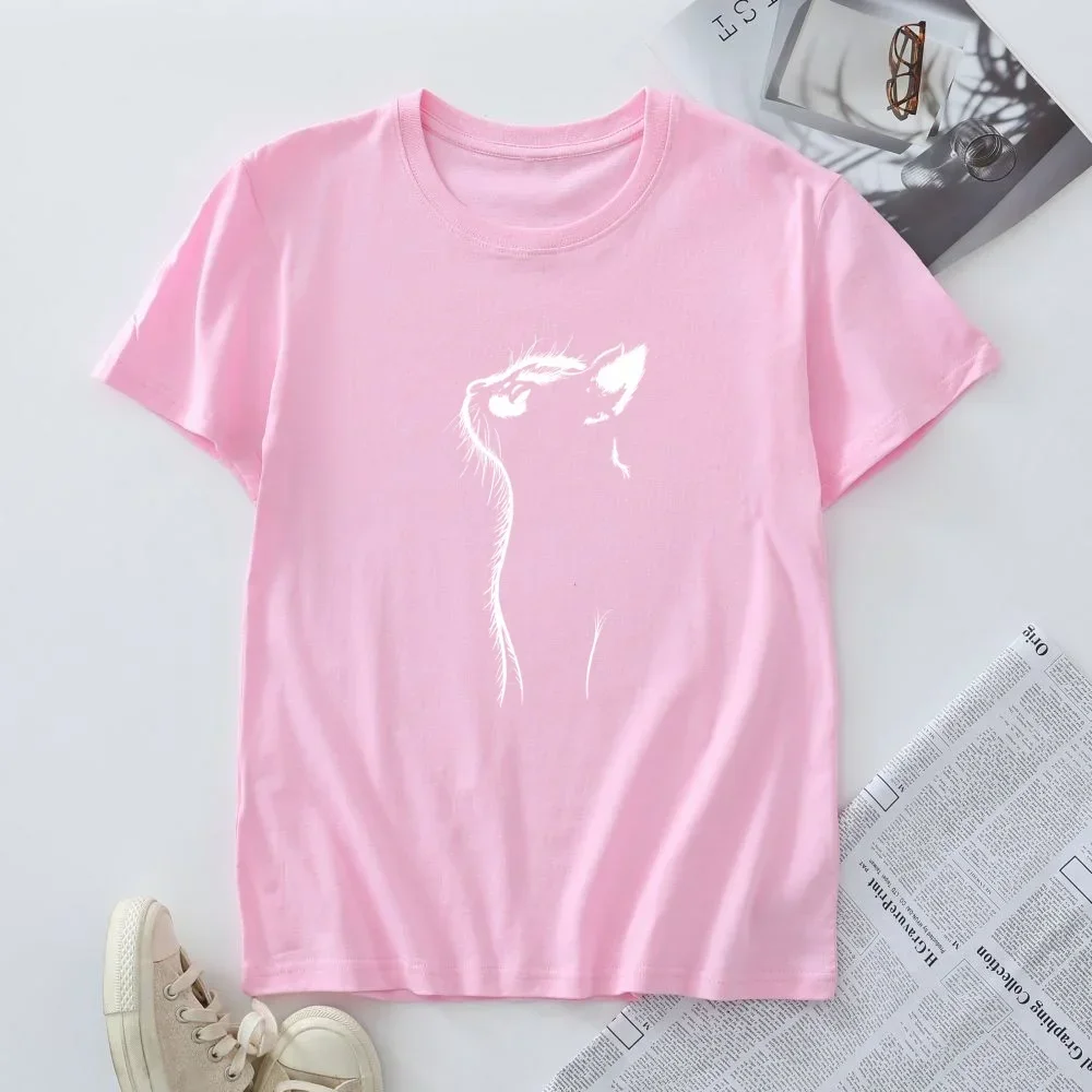 T-shirt de manga curta das mulheres, Plus Size Tees, 100% Algodão, Top feminino, Roupas de Verão, Moda, Gato Camisetas Gráficas, Tshirt Feminino