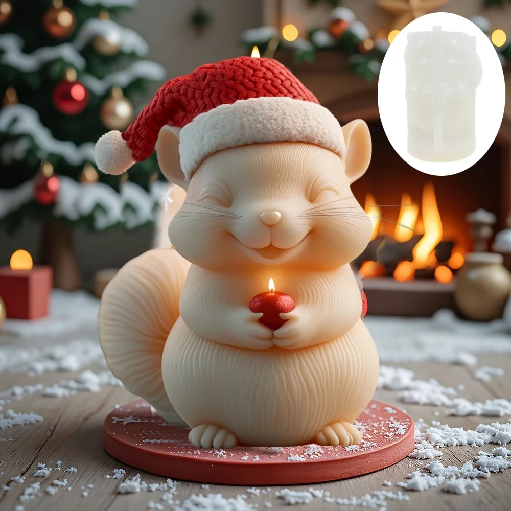 Wear Christmas Hat Squirrel Candle Silicone Mold Smile Squirrel Resin Mould Handheld Gift Christmas Hat Squirrel Gypsum Molds