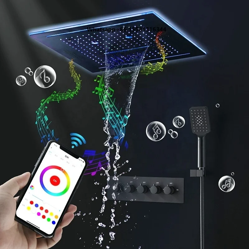 Matte Black 16 Inch Led Music Rain Shower Set Bathroom New Style Ceiling Mounted 3 Functions Shower Head Faucets