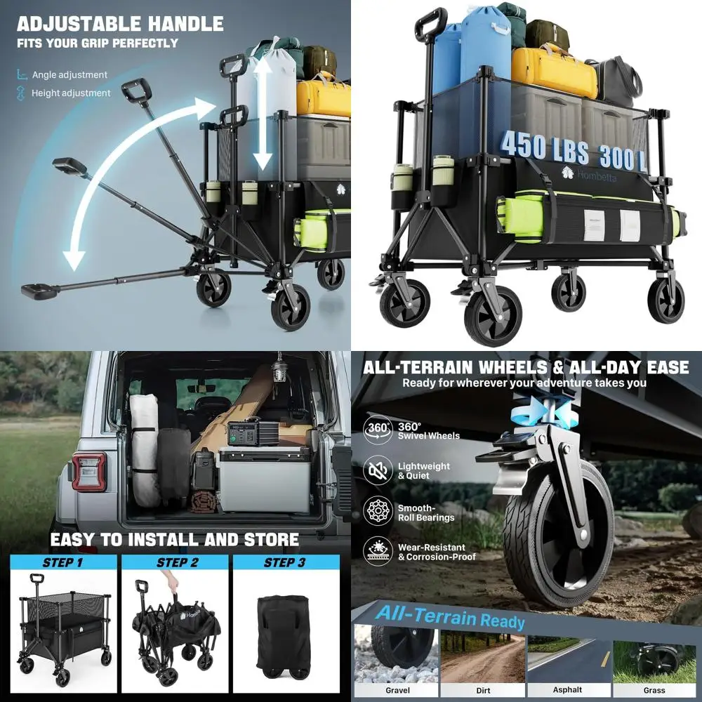 

Collapsible Wagon with Adjustable Deck, 150-300L Capacity, All-Terrain Wheels & Brake, 450lbs Load for Outdoor Adventures