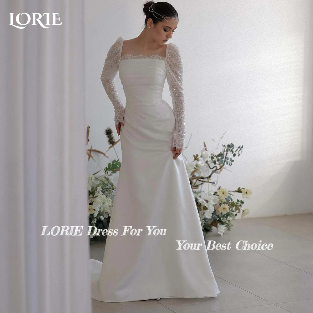 LORIE Abiti da sposa vintage Manica lunga Collo quadrato Abito da sposa a sirena Abito da sposa a maniche lunghe con paillettes Abiti da sposa sauditi