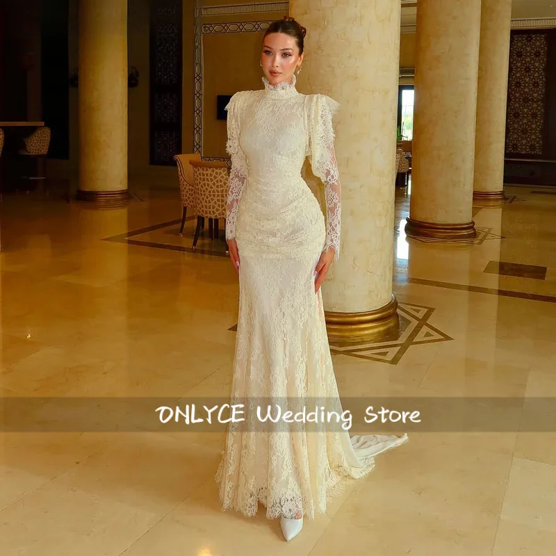 Custom Lace Mermaid Wedding Dress High Neck Long Sleeve Ruffled Collar Fitted Bridal Gown With Sweep Train Modest Wedding Dress